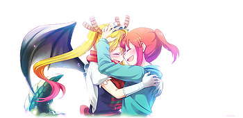 Kobayashi and tohru, anime girls, hug, friends HD wallpaper