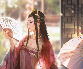 Beauty, frumusete, art, asian, cai dongyan, gorgeous, parasol, girl, superb, jewel, hand fan, fantasy, red, evantai, princess HD wallpaper