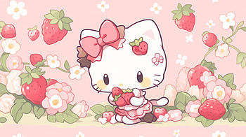 Hello Kitty Strawberry Theme, Hello Kitty, strawberry, cute, cartoon, pink HD wallpaper