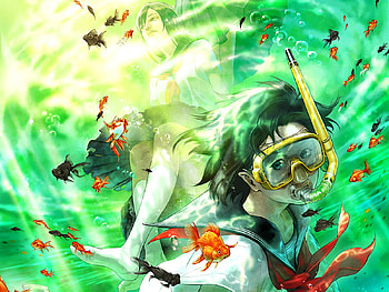 snorkling, swimming, sunlight, school girls, artistis, nice, reflection, goldfish, green, fine, underwater HD wallpaper