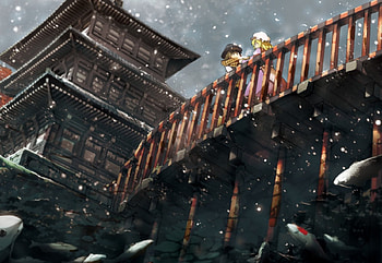 Touhou, anime, japan, bridge, cool, fish, anime girls, water HD wallpaper