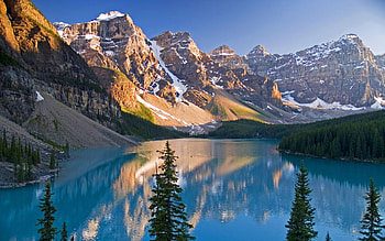 Moraine Lake in Banff National Park, trees, sky, canada, mountains, water, alberta, reflections HD wallpaper