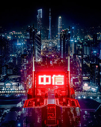 Hieroglyph, Building, View From Above, Words, Night City, Neon HD phone wallpaper
