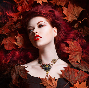 Beauty, model, frumusete, girl, vampire, woman, jewel, autumn, face, leaf, redhead, toamna, avatar HD wallpaper