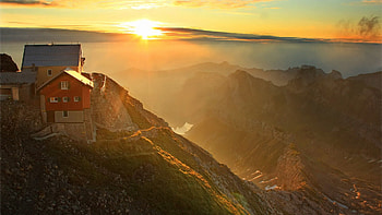 Nature, Houses, Sunset, Sun, Fog, Break, Precipice, Evening, Haze HD wallpaper