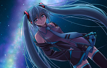 Hatsune Miku, awesome, nice, hatsune, aqua eyes, sexy, twintail, hot, girl, aqua, anime, pretty, virtual, realistic, blue, black, ring, cute, beauty, miku, vocaloids, thighhighs, program, skirt, beautiful, diva, aqua hair, red, cool, clouds, space, sky, idol HD wallpaper