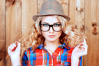 Blonde, woman, glasses and hat HD wallpaper