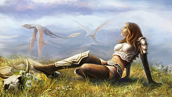 a fantasy painting, dragons, hills, grass, flying, woman HD wallpaper