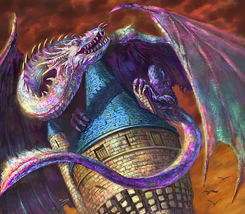 Dragon and tower, blue, purple, art, fantasy, tower, javier carmona, dragon, orange HD wallpaper