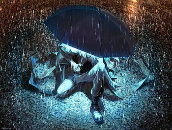 Under the umbrella, umbrella, rain, yuanmaru, anime, original, cool, scarf, boots, male HD wallpaper