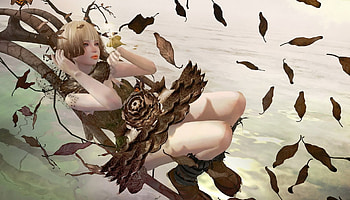 Fantasy girl, branch, rendering, game, leaf, girl, woman HD wallpaper
