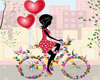 Happy Valentines Day, love, Valentines, hearts, bike, woman HD wallpaper