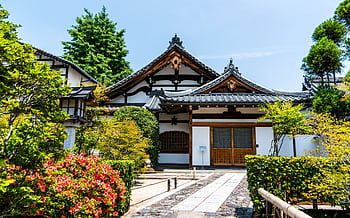 A serene traditional Japanese temple surrounded by lush gardens under clear daylight. HD wallpaper