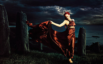 lady in red, girl, grass, dress, column HD wallpaper