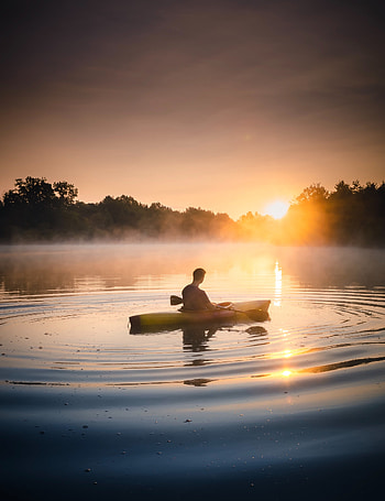 Sunset, Lake, Miscellanea, Miscellaneous, Fog, Human, Person, Canoe HD phone wallpaper
