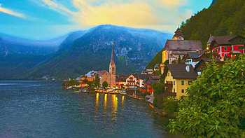 Hallstatt, Austria, sky, houses, church, alps, mountains, sunset, village, lake, clouds HD wallpaper