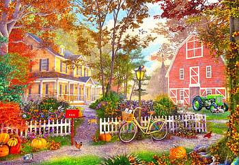Autumn Farmhouse, flowers, tractor, tree, dog, barn, house, artwork, pumpkins, digital, bicycle, fence, autumn HD wallpaper