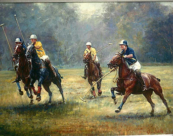 Down the field, painting, art, polo, raymond s pease, acrylic on board, sport, play HD wallpaper