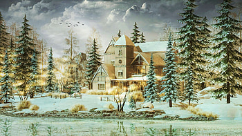 Country Manor, winter, painting, house, snow, car, clouds, trees, sky HD wallpaper