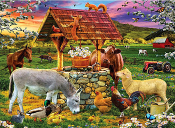 Wishing Well, barn, horse, squirrels, spring, painting, cows, animals, trees, blooming, flowers, donkey HD wallpaper