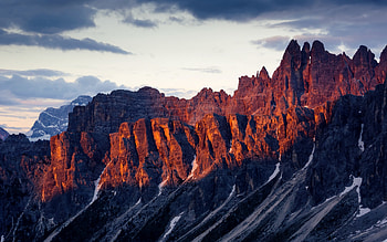Dolomites, rocks, Alps, evening, mountain landscape, sunset, sun on the rocks, Italy HD wallpaper
