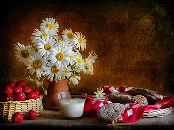 Still life, vase, fruits, cup, nice, daisies, basket, pretty, flowers, lovely, harmony HD wallpaper