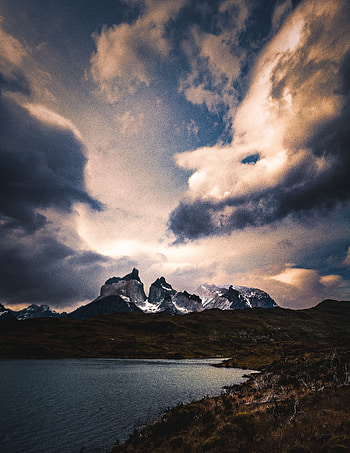 Nature, Grass, Mountains, Twilight, Clouds, Lake, Dusk, Overcast, Mainly Cloudy HD phone wallpaper