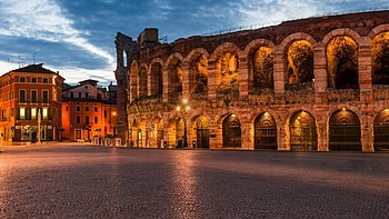 Ancient amphitheater, Dusk time beauty, Verona's charm, Illuminated landmark HD wallpaper
