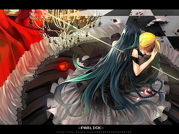 Himitsu - Kuro no Chikai, blue, black, suit, rin, vocaloid, shot, dress, miku, black dress, ponytail, vocaloids, hatsune, kagamine rin, blood, hatsune miku, twintail, blue hair, sad, kagamine, anime, yellow hair HD wallpaper