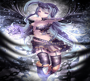 Pivix Fantasia Fallen Kings, blue, black, feathers, glow, cute, top, long hair, beauty, lady, female, skirt, wings, sweet, white, art, girl, beautiful, dark, purple, anime, pretty, lovely HD wallpaper