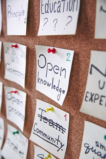 Bulletin board with pinned notes focusing on knowledge and community. HD phone wallpaper