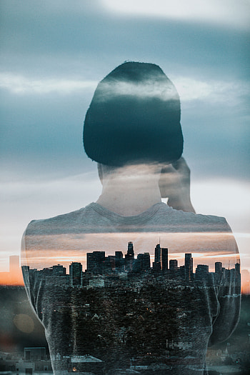 Architecture, City, Building, Silhouette, Miscellanea, Miscellaneous, Human, Person, Double Exposure HD phone wallpaper