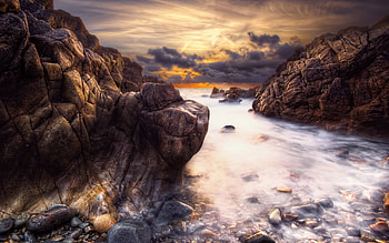 Sunset, colorful, graphy, colors, peaceful, beauty, waves, amazing, water, sun, ocean, sea, cove, beautiful, rocks, stones, cliffs, view, stone, clouds, nature, sky, lovely, splendor HD wallpaper