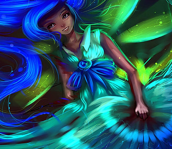 Blue Smile Girl, blue, colors, digital art, abstract, drawings, conceptual, female, weird things people wear, girl, paintings, people, creative pre-made, love four seasons, fantasy, green, draw and paint, illustrations, hair HD wallpaper
