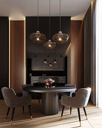 A sophisticated, contemporary dining room with elegant lighting and luxurious furnishings. HD phone wallpaper