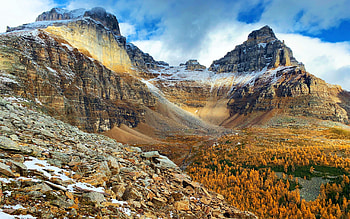 Eiffel Peak, Pinnacle Mountain, Larch Valley, Banff National Park, Canada, fall, colors, trees, landscape, Alberta, rocks, stones HD wallpaper