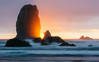 Nature, Sunset, Rock, Beams, Rays, Ocean, Surf HD wallpaper