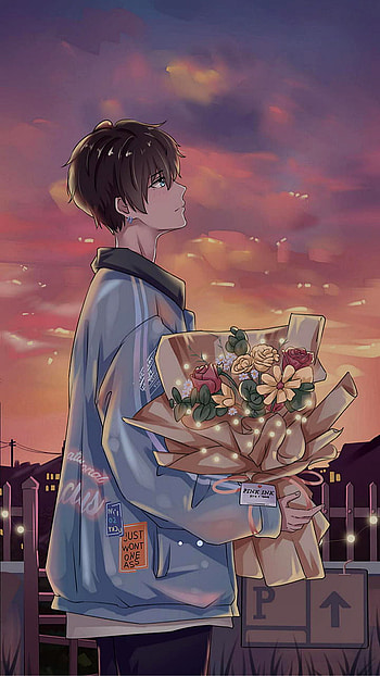 Anime boy, proposal, sky, flowers, city, bouquet, clouds HD phone wallpaper