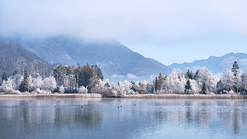 Winter, Nature, Trees, Mountains, Lake, Small House, Lodge HD wallpaper