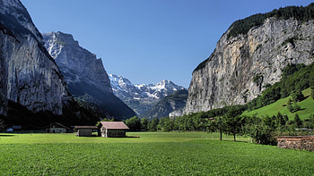Mountainous landscape, Grass, Trees, Field, Mountains, Hut HD wallpaper
