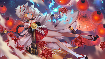 Foxgirl, blue, luminso, kuromomo, girl, fox, orange, anime, fantasy, lantern, manga HD wallpaper