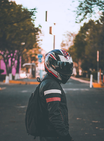 Miscellanea, Miscellaneous, Blur, Smooth, Motorcyclist, Helmet, Backpack, Rucksack, Jacket HD phone wallpaper