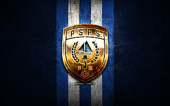 PSPS Riau FC, golden logo, Indonesia Liga 1, blue metal background, football, Indonesian football club, PSPS Riau logo, soccer, PSPS Riau HD wallpaper