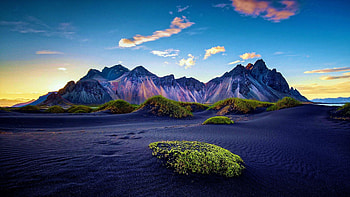 Vestrahorn Mountain, Iceland, peaks, coast, clouds, landscape, sky, rocks HD wallpaper