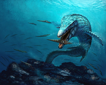 Mosasaur Reef, sea, reef, dinosaur, fish, water HD wallpaper