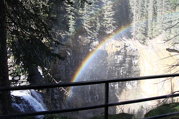 Waterfalls with the rainbow, Rainbows, graphy, green, Rivers, trees, waterfalls HD wallpaper