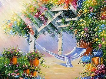 sun rays, arbor, flowers, flowerpots, hammock, sun HD wallpaper