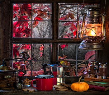 Kerosene Lamp Pumpin with Tea and Window, Tea, Leaves, Raining, Pumpkins, Red, Trees, Nature, Autumn HD wallpaper