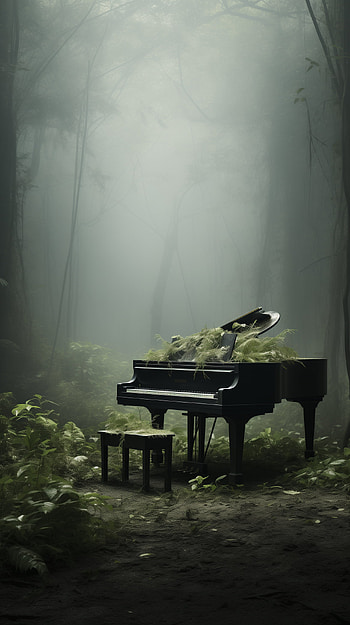 Mystical Melody: Piano Forest, music, piano, forest, nature, fog HD phone wallpaper