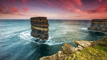 Dun Briste sea stack, Downpatrick Head, Ireland, rocks, coast, sunset, sea, colors, sky HD wallpaper